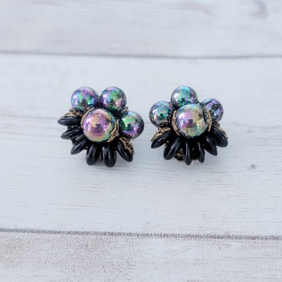 Vintage Clip On Earrings Unusual Dark Iridescent Statement 5/8" - Picture 2 of 6